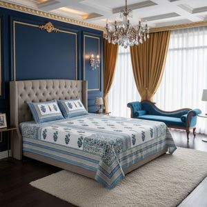 Serene Symmetry Blue Block Print Pure Cotton Double Bedsheet